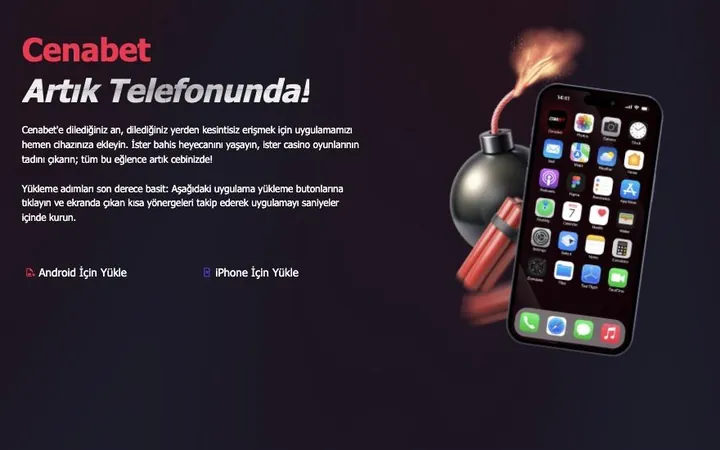 Cenabet APK indirme sayfasında Android İçin Yükle ve iPhone İçin Yükle düğmeleri