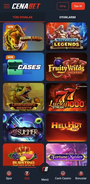 Telefonda ana ekrandaki simgeden açılan Cenabet casino lobisi